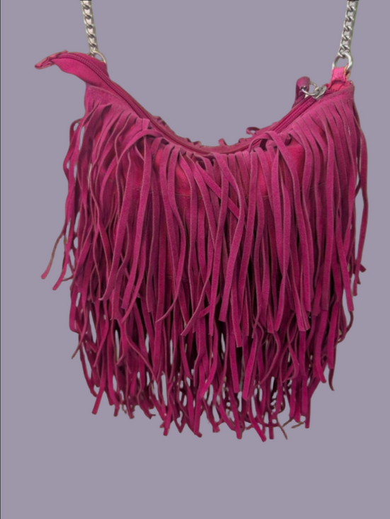 Vintage Handbags - Vintage Bag  Fringe Crossbody Hot Pink Leather Zipper Closure- Unbranded